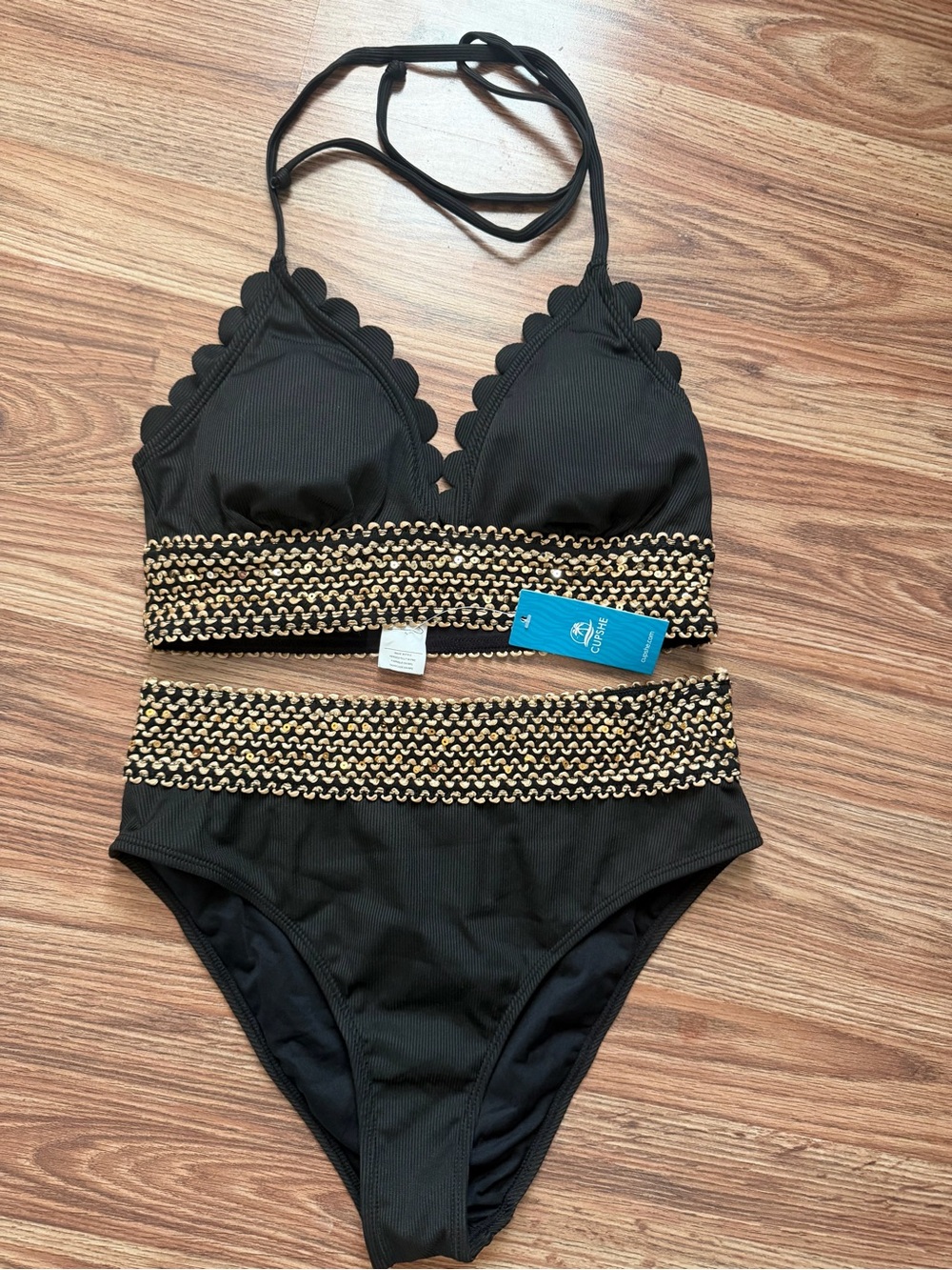 Cupshe Black Scallop Triangle Bikini with Gold Braided Waistband